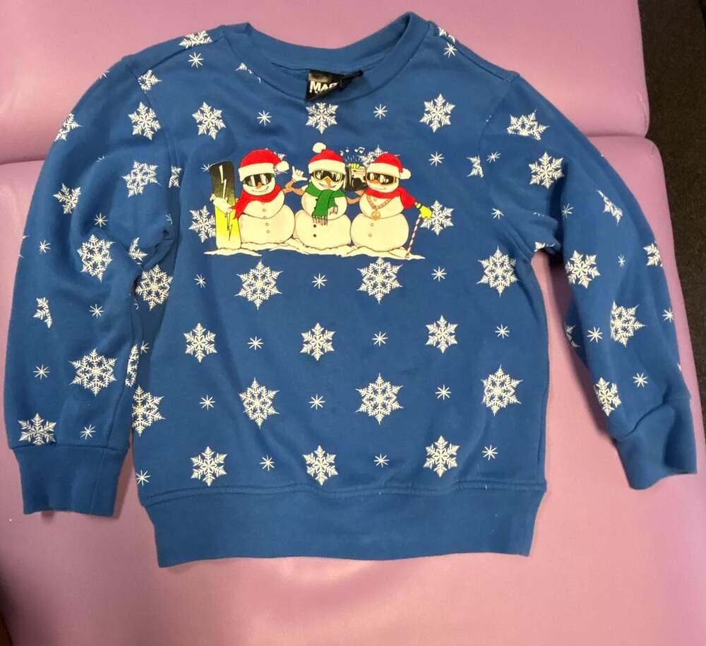Mad Engine Snowman Christmas Holiday Blue Snowflake Crewneck Sweatshirt Kids